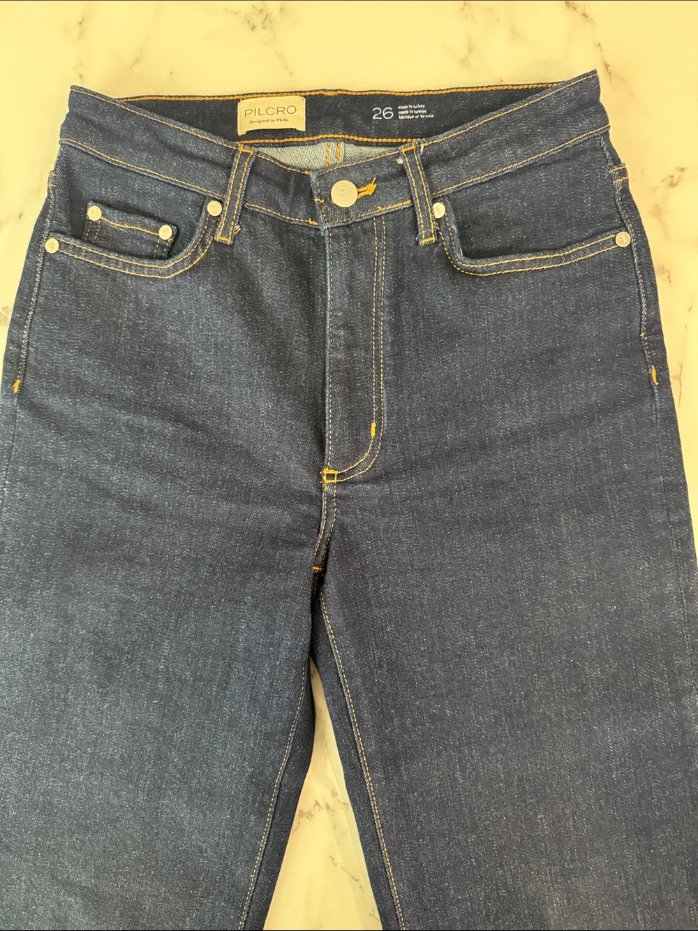 Pilcro Women’s Dark Blue Straight Jeans with Contrast Stitching
